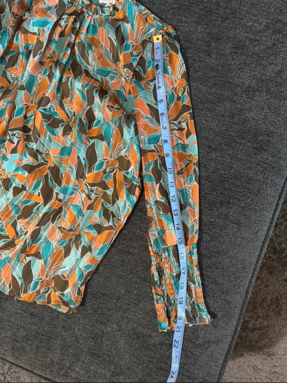 Leaf-Print Long Sleeve Blouse in Teal, Orange & Brown